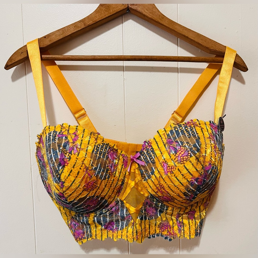 Yellow Floral Lace Underwire Bra with Longline Support